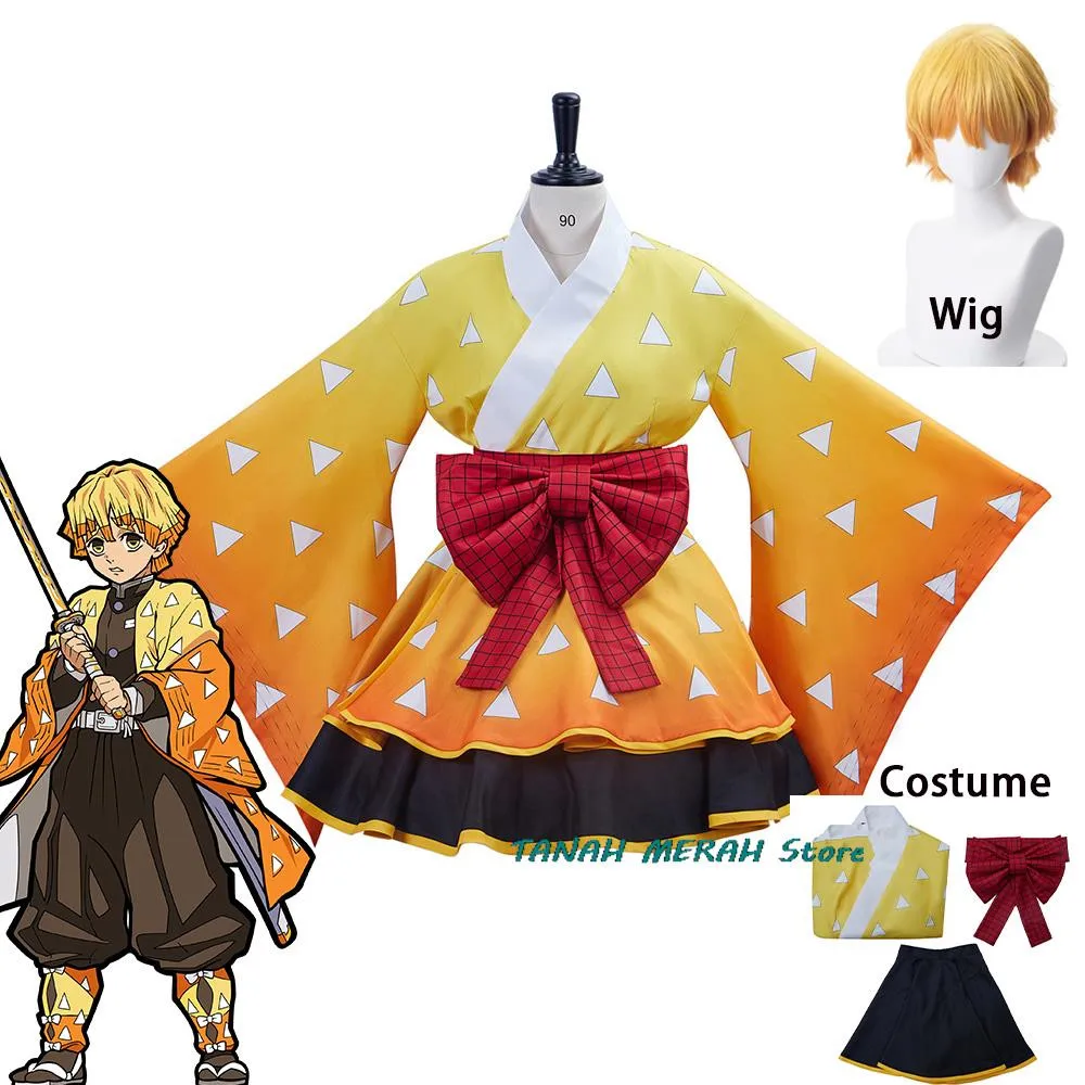 Agatsuma Zenitsu Kimono Cosplay Costume Japanese Lolita Kimono Maid ...