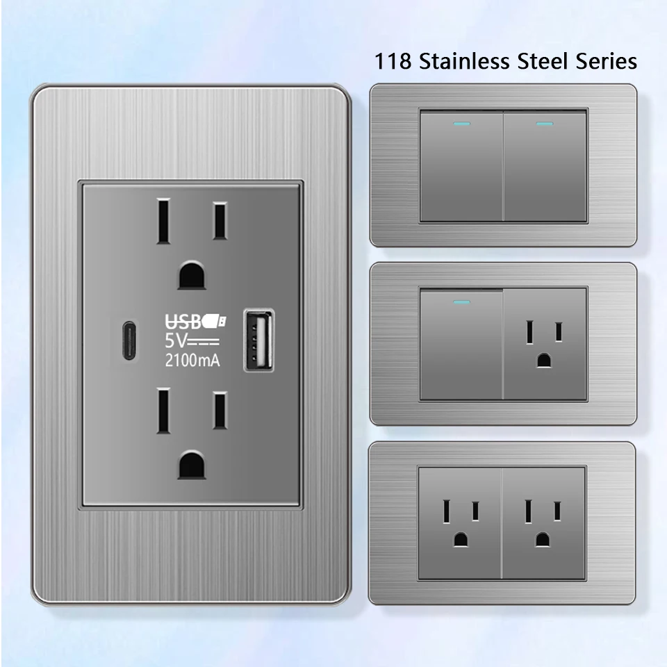 Parede Americana Interruptor de Luz Elétrica Tomada de México Tailândia Plugs Dual Usb tipo c Quick Charge Outlet Aço Inoxidável