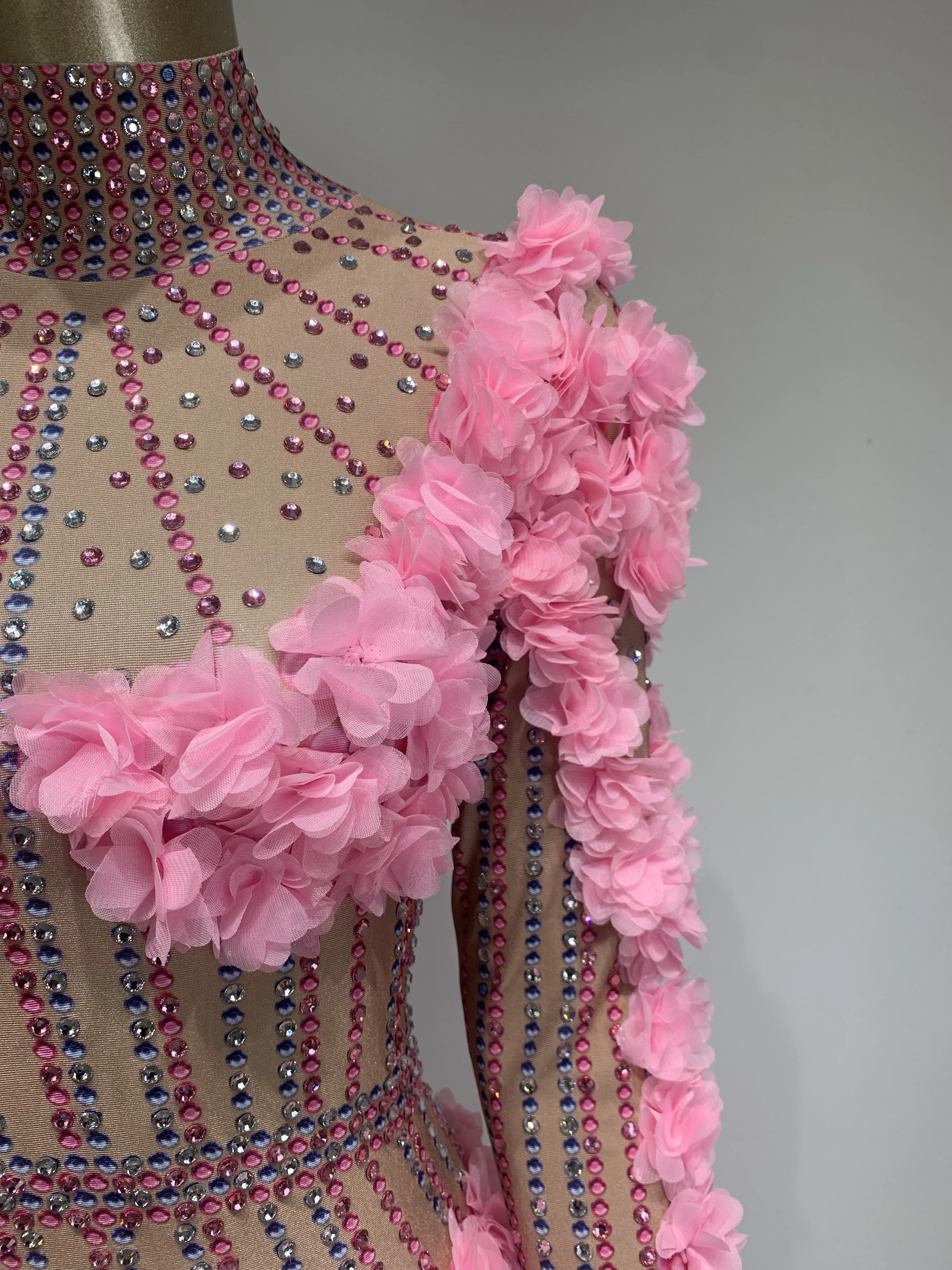 Women Pink Decal Crystal Diamond Stretching Bodysuit Birthday Party Bar Nightclub DJ Female Singer Stage Performance Costume