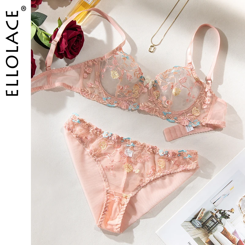 

Ellolace Erotic Women's Lingerie Sexy Underwear Floral Embroidery Fancy Intimate Transparent Bra Super Hot 2 Piece Set Outfit