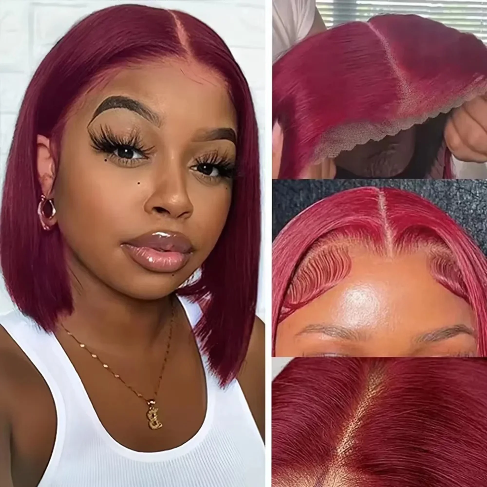99J Burgundy Bob Wig 13x4 Lace Front Short Wigs 200%Density Straight HD Transparent Lace Frontal Wig Pre Plucked Human Hair 100% 4