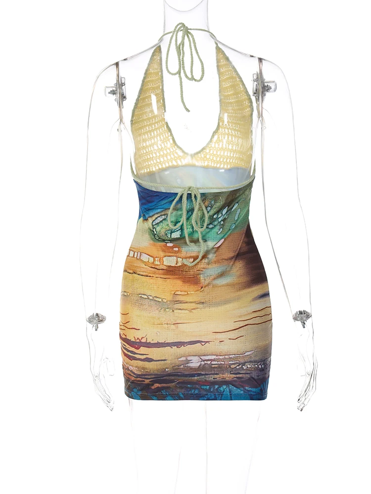 Hugcitar 2024 Spring Halter Knitted Scenery Print Backless Lace Up Sexy Mini Dress Women Fashion Clothes Beach Vacation Party 6