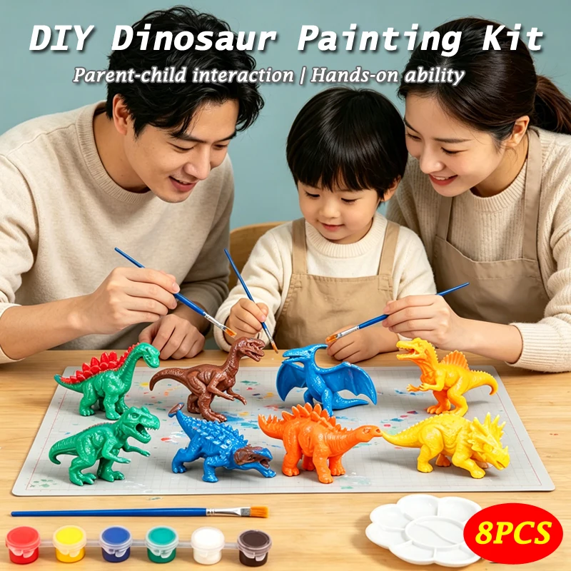 8Pcs DIY 공룡 그림 키트 도색되지 않은 공룡 아트 공예 색칠 장난감 페인트 도구 포함 소년 소녀를위한 창조적 인 수제 장난감