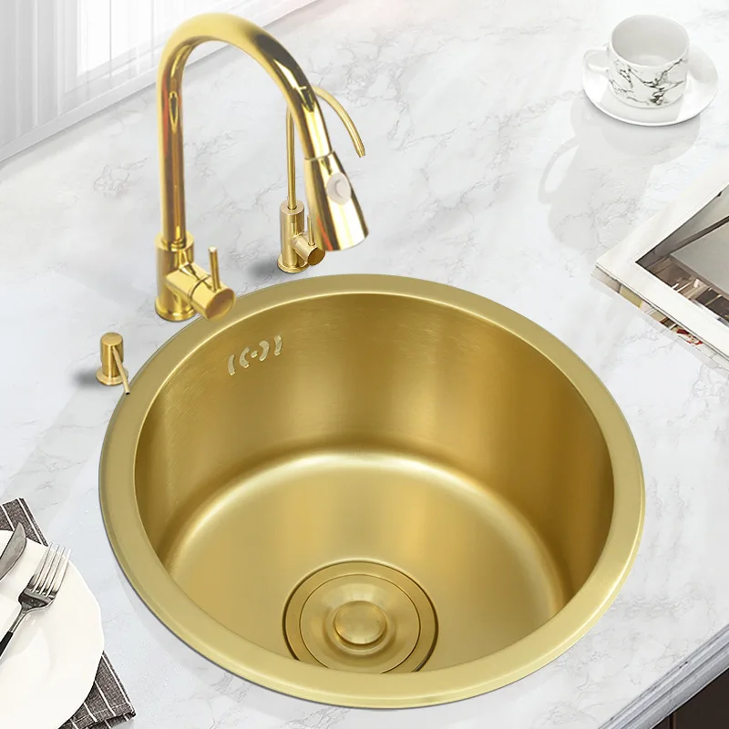 304 Stainless Steel Kitchen Wash Basin 40cm x 40cm Nano Gold Bar Counter Mini Small Circular Sink Single Slot