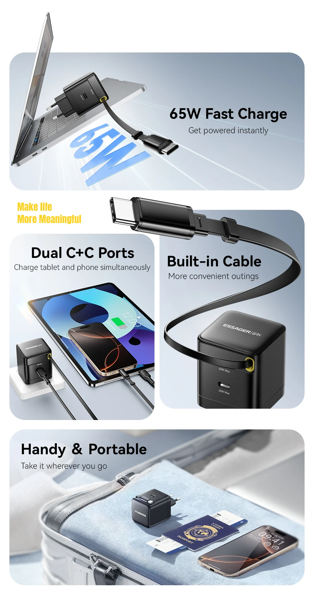 Essager 65 W GaN-Ladegerät mit einziehbarem, flexiblem Kabel PD-Schnellladung für iPhone 16 15 Laptop MacBook Typ-C-Telefonladegerät – Detail 2