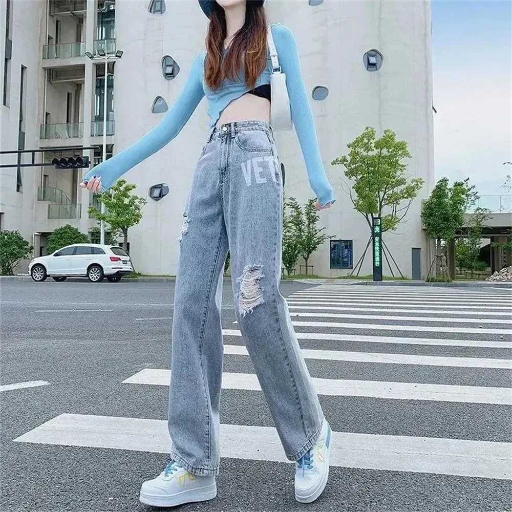High Street Trousers Korean Gothic Letter Print Ripped Straight Jeans New Women High Waist Plus Size Loose Boyfriend Denim Pants armani jeans