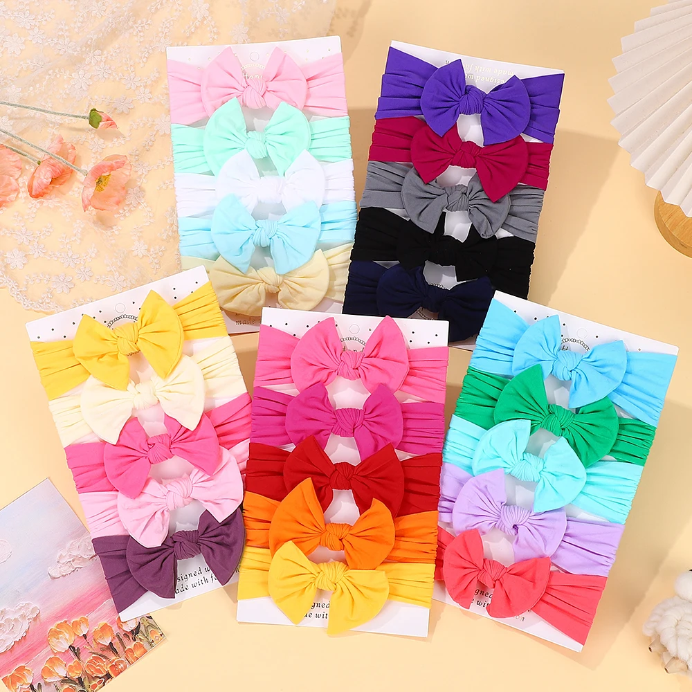BABY BOWS 5 Teile/los Helle Nylon Einfarbig Baby Stirnband Set 3,5 zoll Bowknot Casual Headties Weich und Nicht Beschädigen Zu Haar