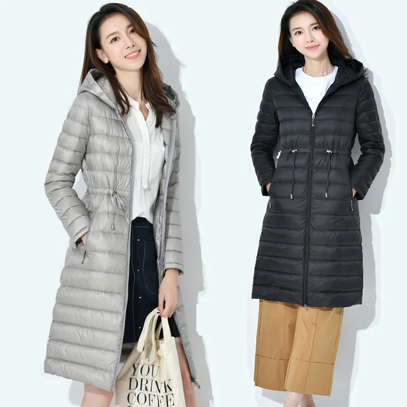 Chaqueta larga de plumas para mujer, abrigo de plumón impermeable, ajustado, con capucha y cordón en la cintura, versión coreana, otoño, 2023