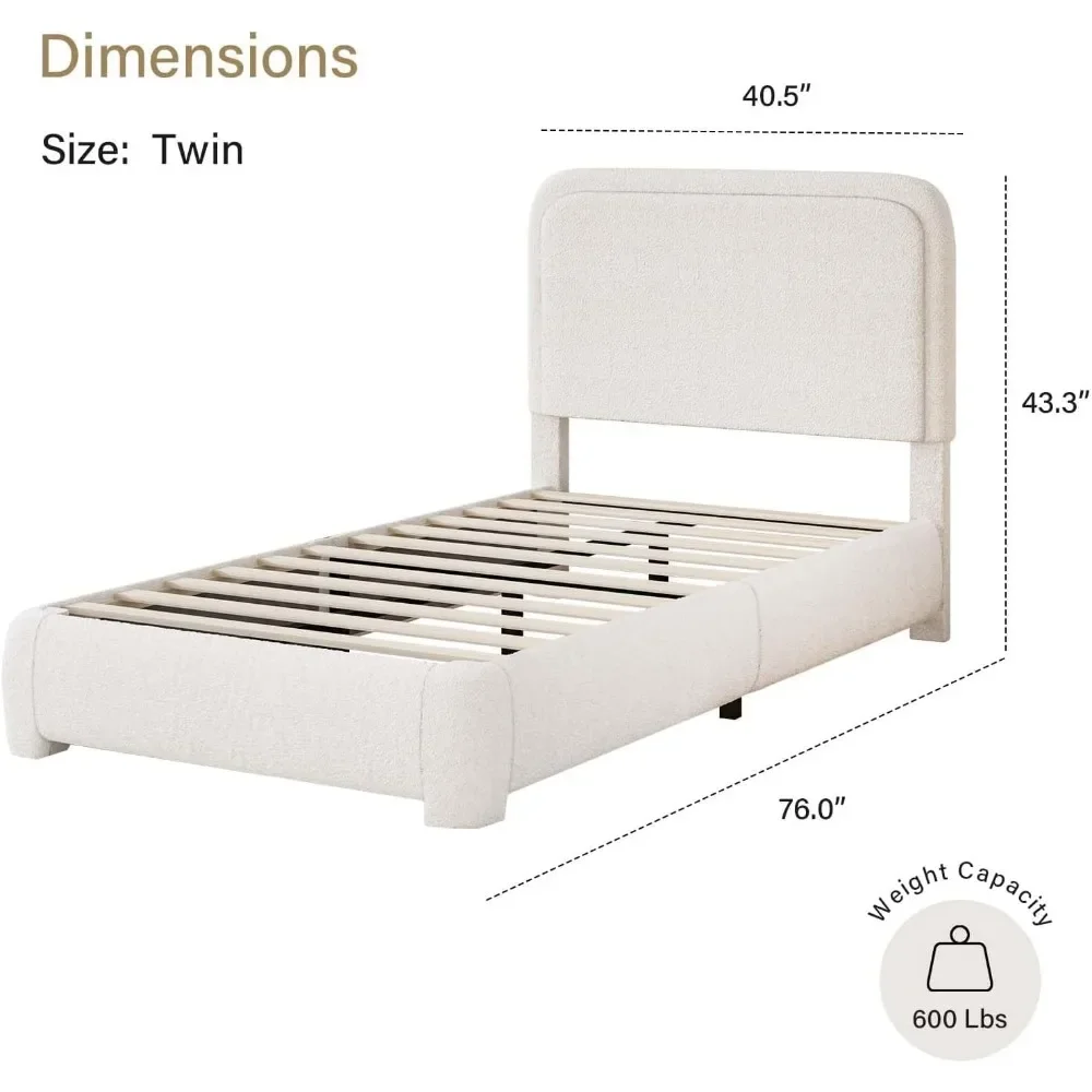 Twin Size Bed Frame with Headboard, Modern Style, Soft Rounded Corners, Boucle Upholstered Platform Bed Frame 2