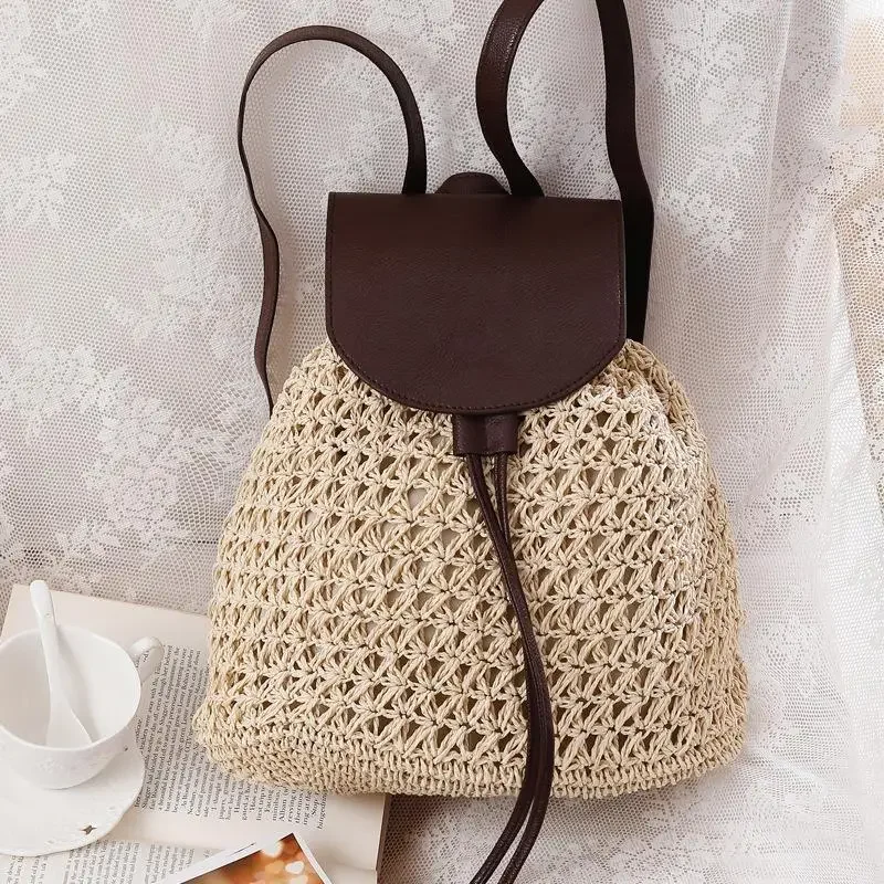 

Summer Hollow Out Backpack Drawstring Hasp Straw Bag School Bag Knitting Rucksack Beach Bag Travel Holiday Ladies Handbag Bolsas