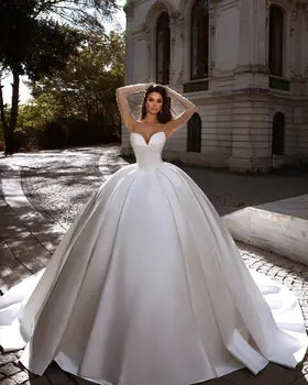 Strapless Wedding Dresses A-Line Satin Sweep Train Bridal Gown V Neck Ball Gown with Lace Up Back 1