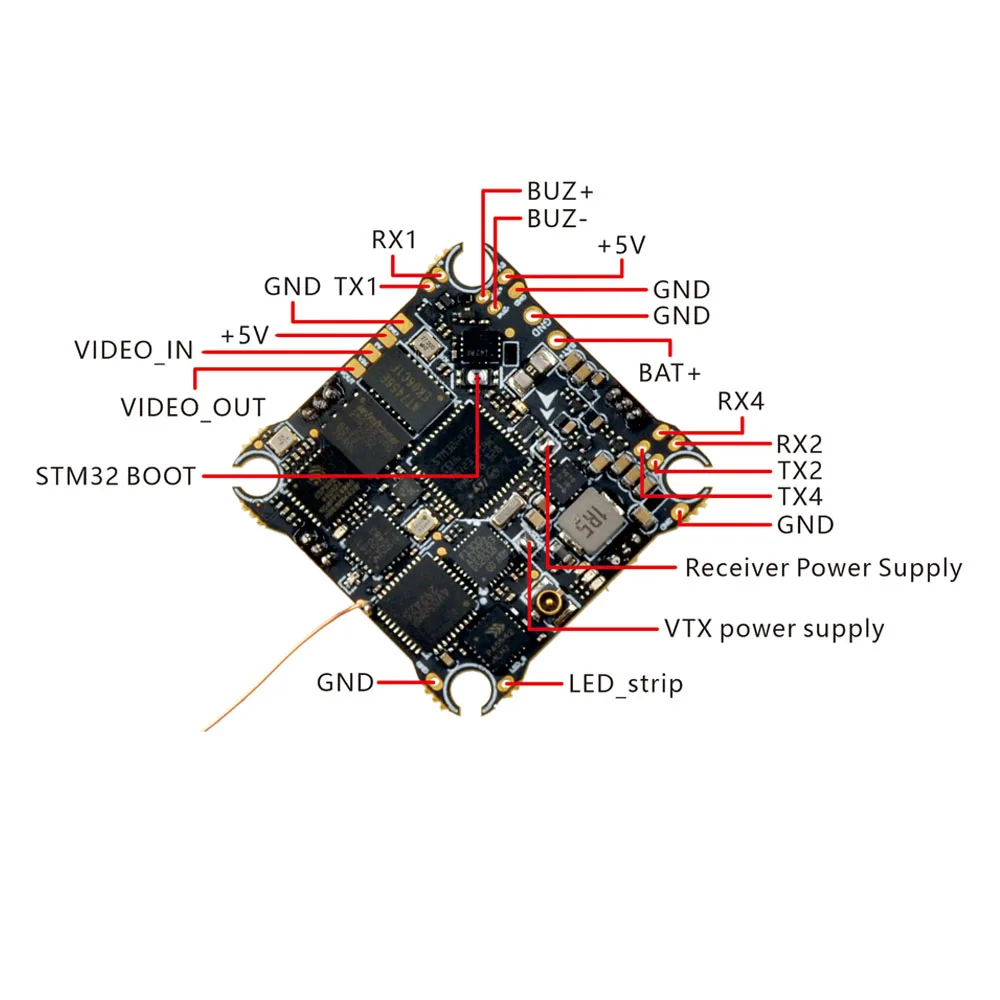 Connecteurs et ports du stack HappyModel X14 ELRS AIO 12A 2-4S pour drones FPV