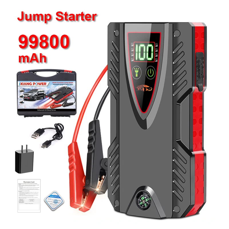 2025 12V 99800mAh 1000A Starthilfe Mit Luftkompressor, USB-C-Ladung, Funkenfrei, LED-Licht, Digitalanzeige Für Auto-Starthilfe