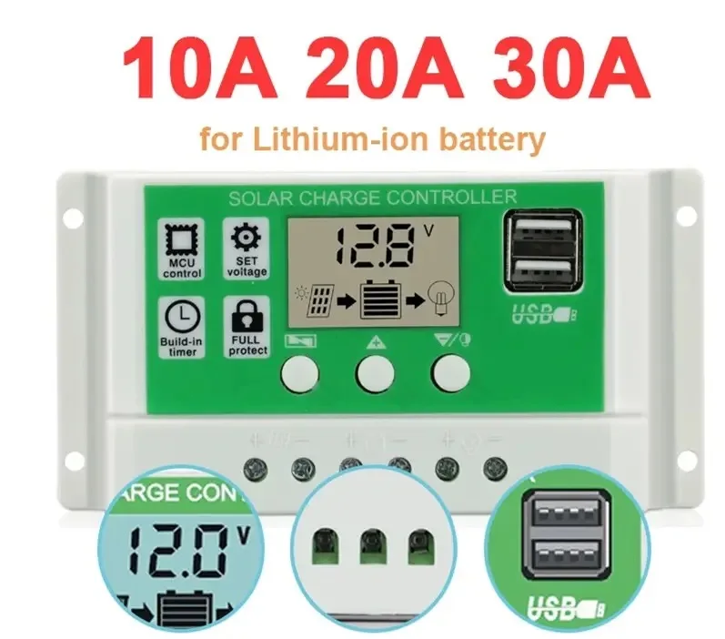자동 태양광 충전 컨트롤러 PWM 듀얼 USB 출력 태양 전지 패널 충전기 레귤레이터, 12V 24V 전원 HD LCD 디스플레이, 10A, 20A, 30A