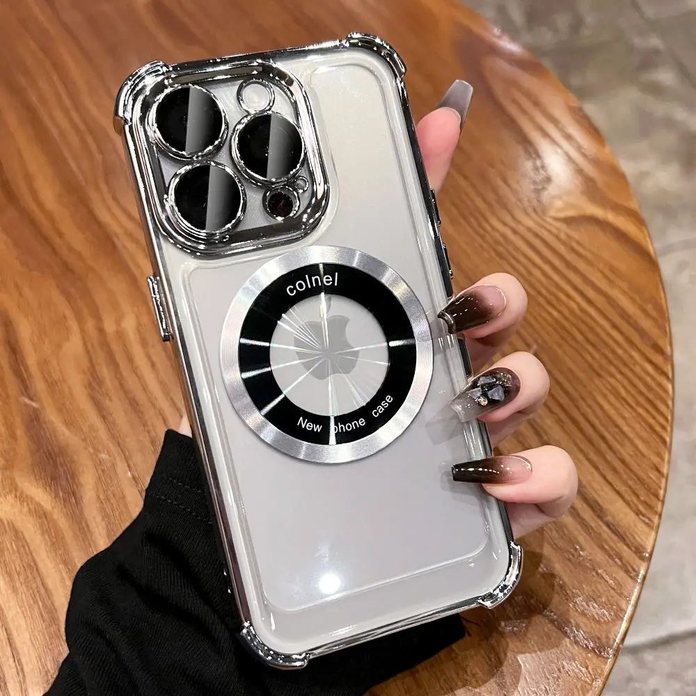 High-end four corners anti-drop for iPhone 15 case magnetic dew label 14promax electroplating transparent 13 15promax 14promax