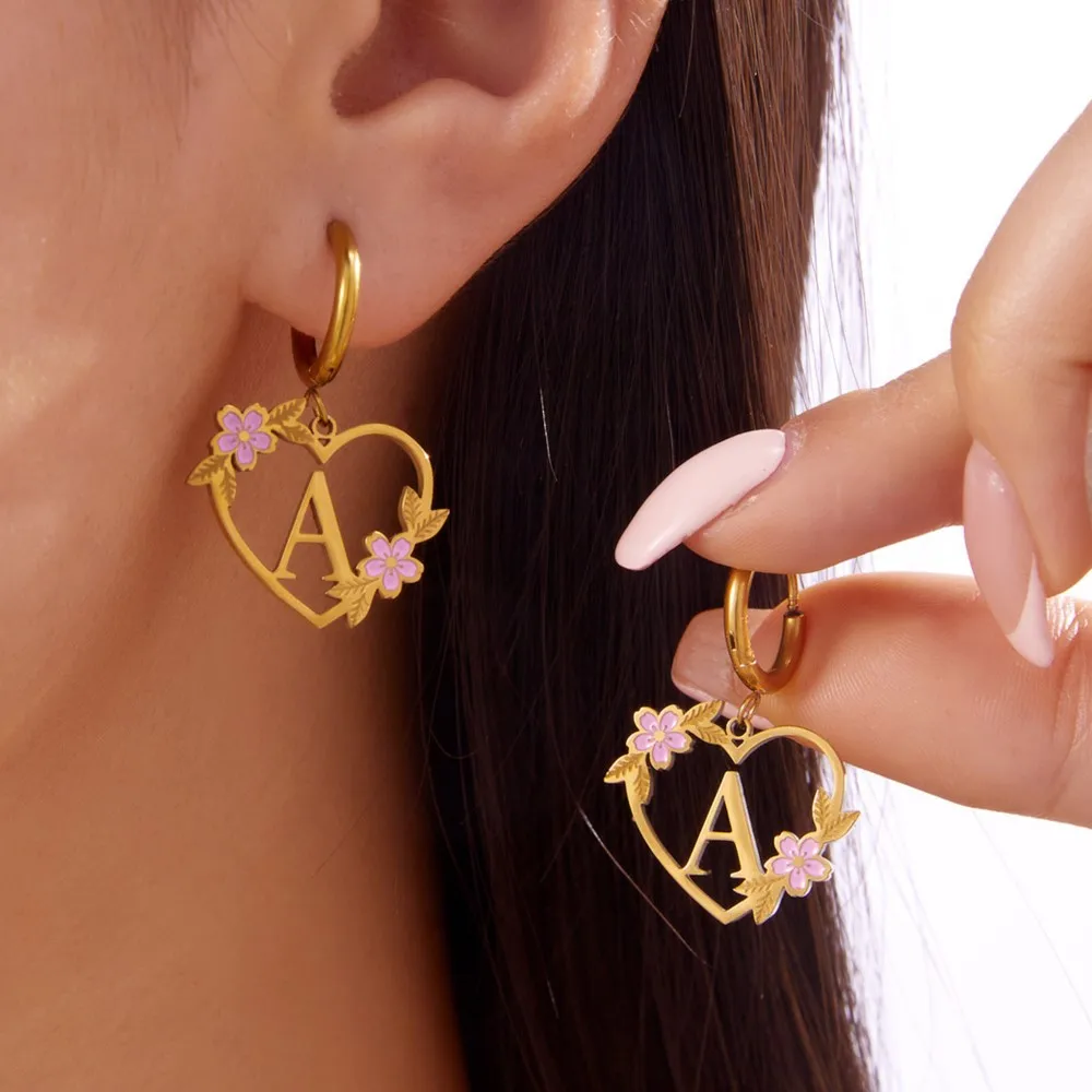 Elegant Romantic 26 Alphabet Love Heart Shape Hoop Earrings for Women Not Fading Rose Flower Decor Earring Wedding Jewelry Gift