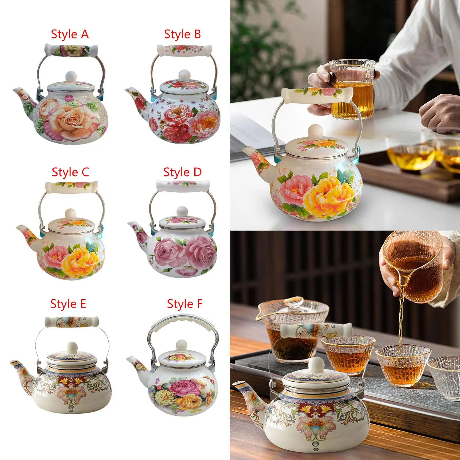 Enamel Tea Kettle with Handle Juice Jar Heat Resistant 2.5L Floral Enamel Pot for Tea Cold Water Household Restaurant Kitchen