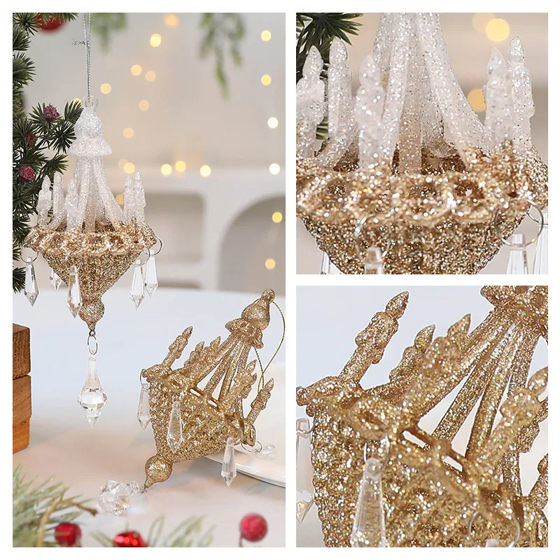 Glitter Christmas Crystal Chandelier Pendant Christmas Tree Hanging Ornaments 2025 Xmas Decor natal navidad adornos navideños