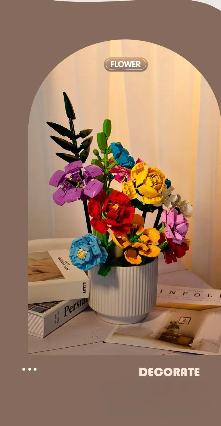 Eternal Rose Sunflower Bouquet Building Blocks, DIY Mini Bricks for Adults, No W