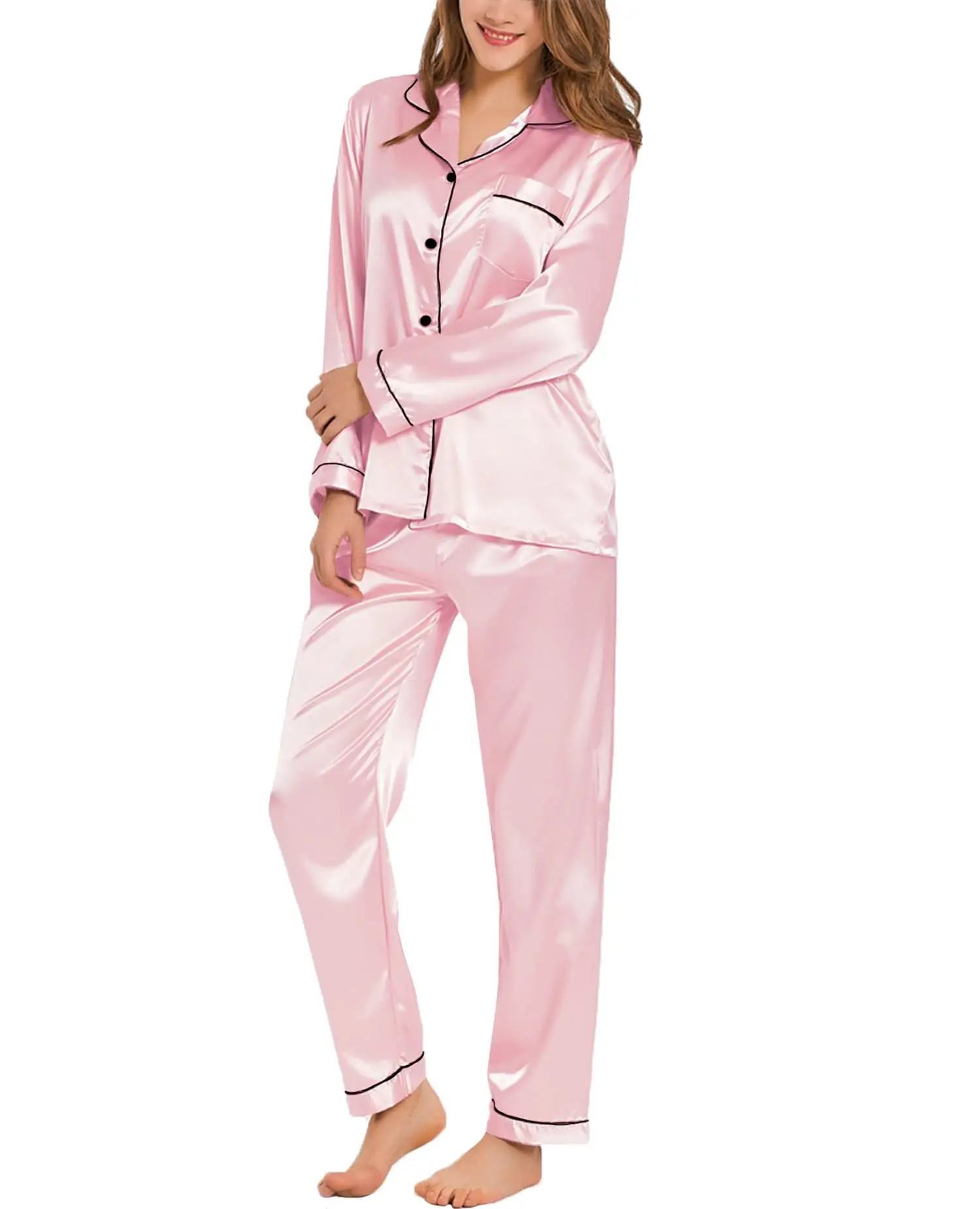 Womens Silk Satin Pajamas Loungewear Two-piece Sleepwear Button-Down Full Sleeve Long Pj Set - Image 4