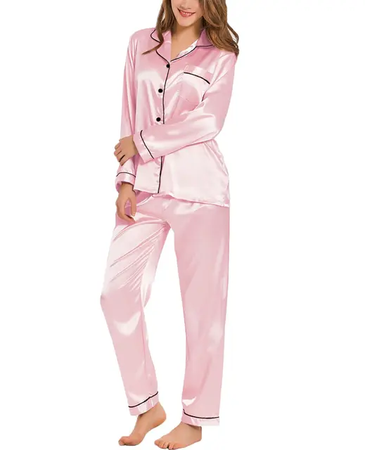 Pyjama en Satin de soie pour femmes, vêtements de nuit deux pièces, boutonné, manches longues, ensemble de pyjama Long