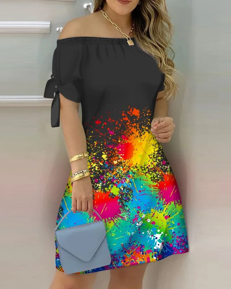 Vestido Estampado Sexy A La Moda Para Mujer, Vestido Acampanado De Manga Corta Con Hombros Descubiertos, Minivestidos Con Hombros Descubiertos Para Mujer - details 2