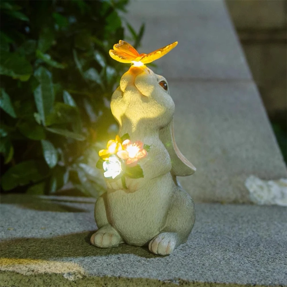 Solar Bunny Statue Garden Decor with Butterfly LED Light