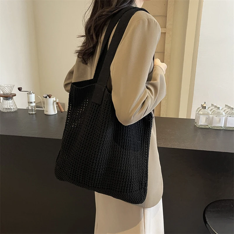 Knitted Large Capacity Handbag Summer Travel Tote Casual Beach Bag Fashion Hollow Design Woven Women Shoulder Bag