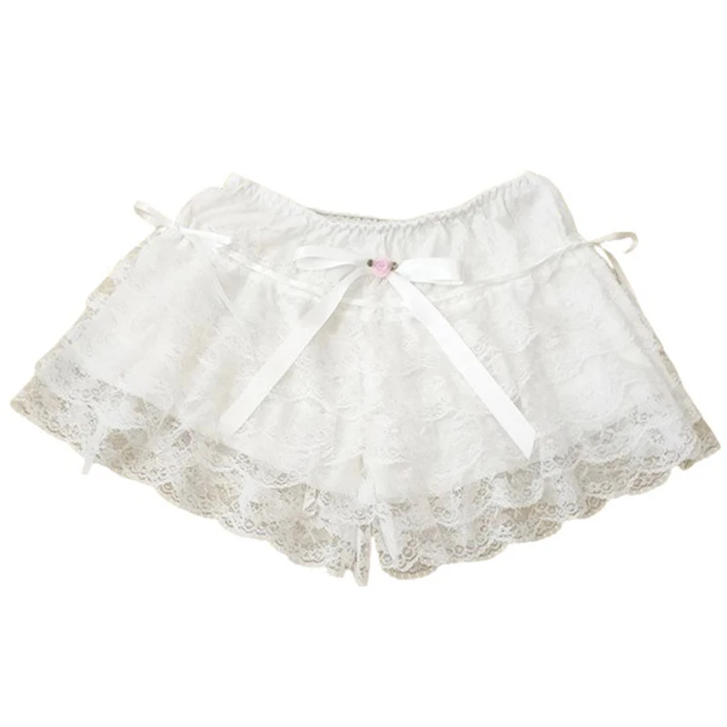 Multilayer Lace Shorts Women Lolita Ribbons Flower Ruffles Elastic Waist Cute Bottoming Shorts for Sweet Girls Kawaii Clothes