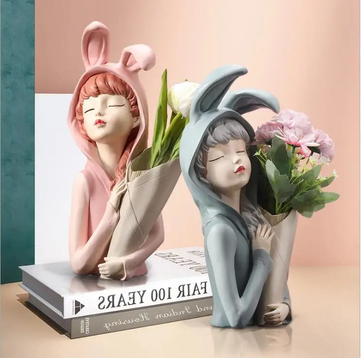 

Modern Rabbit Ear Girl Vase Resin Decoration Home Livingroom Flower Arrangement Figurines Crafts Office Desktop Statue Ornaments