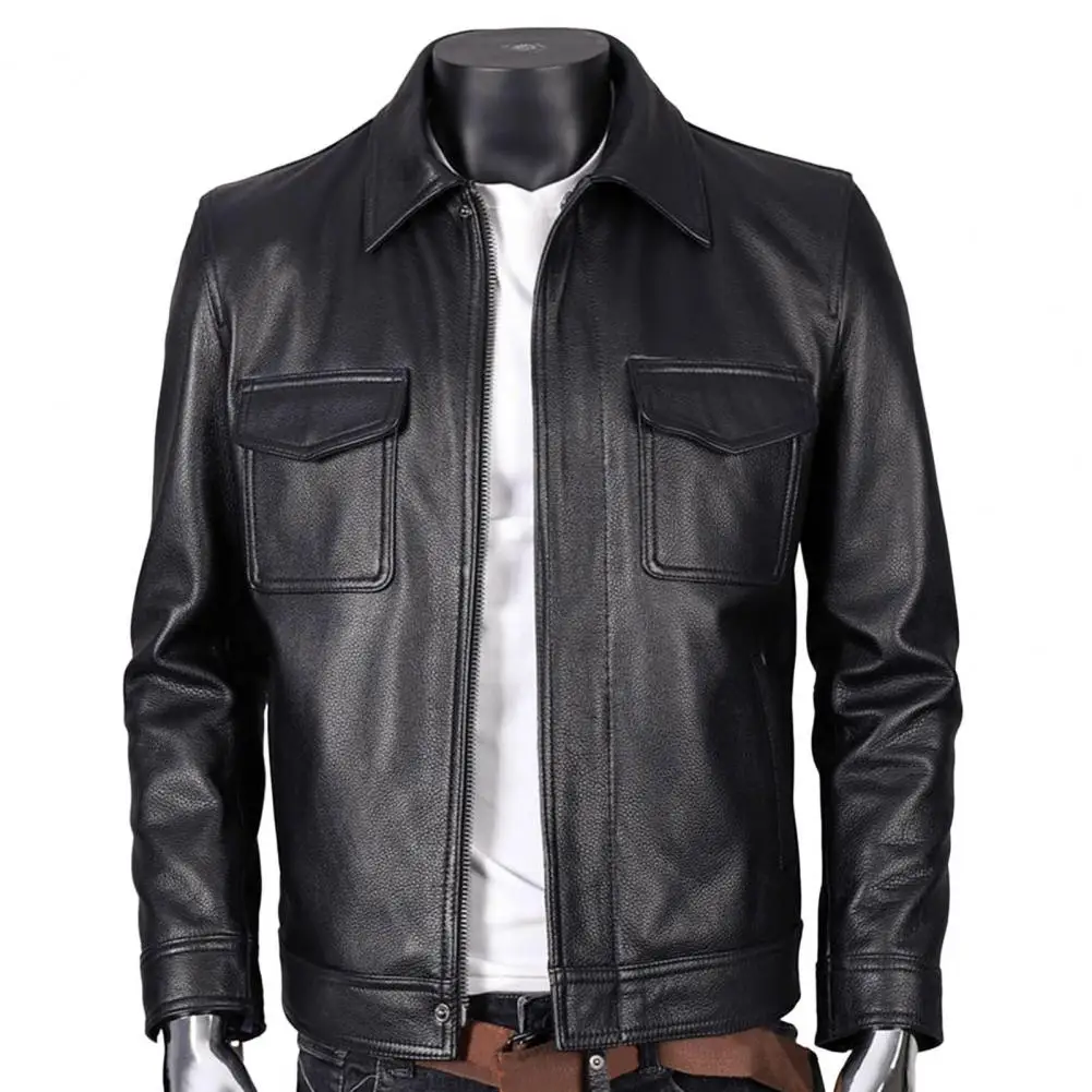 

Men Outerwear Slim Fit Men's Faux Leather Jacket Lapel Zipper Placket Flap Pockets Autumn Winter Spring Outwear Men Winter