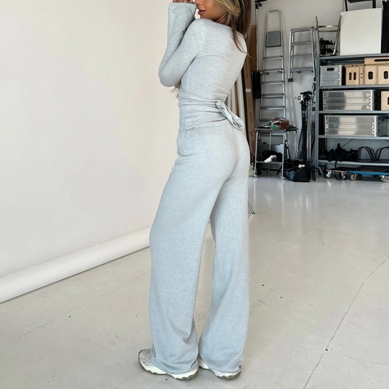 Women Fashion Lounge Set Vintage 2 Piece Outfit V Neck Waist Tie T-shirt + Elastic Waist Pants Autumn Long Sleeve Crop Tops 5
