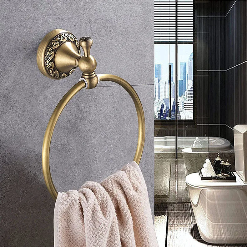 Bathroom Towel holder, Wall Mounted Round Antique Brass Towel Ring Antique Hooks Double Hooks Bathroom Accessories