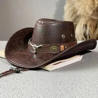 Vintage Western Cowboy Hat Ox Head Belt Rivet Fedora Hats for Men Women Outdoor Travel Wide Brim Faux Leather Cowgirl Sun Caps