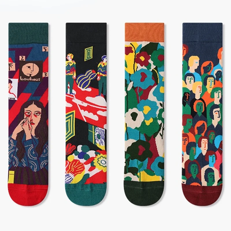 

New French head couple in tube jacquard cartoon socks personality street sports cotton socks trendy women's socks
