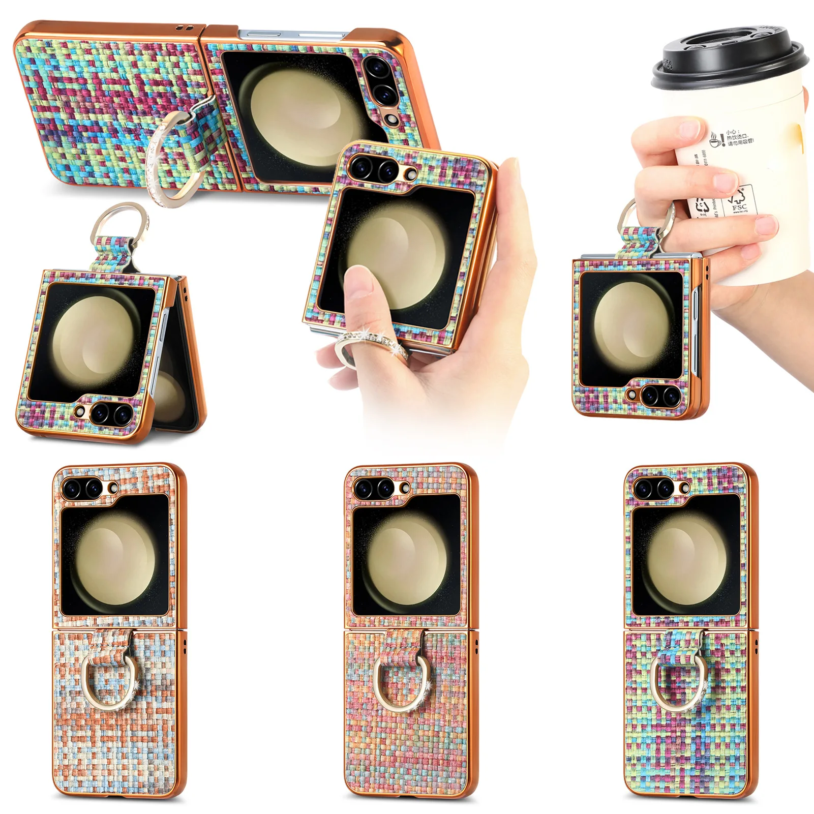 

Color Woven Texture Electroplated Phone Case For Samsung Galaxy Z Flip 5 Diamond-encrusted Ring Bracket Folding Anti-drop Shell