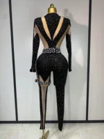 Sexy Sparkly Diamond Black Long Sleeves Bodycon Mesh Jumpsuit Evening Party Nightclub Bar Singer Performance Stage Costume - Image 4