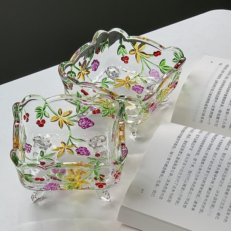 High Quality Good Looking Relief Painted Glass Square Plate Glass Fruit Bowl Snack Plate 2