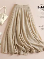 plus Size Women's Cotton Lin  Color High Waist Dra A-Line Long Skirt Summer New Sle Slimming Skirt Maxi Dr - Image 2