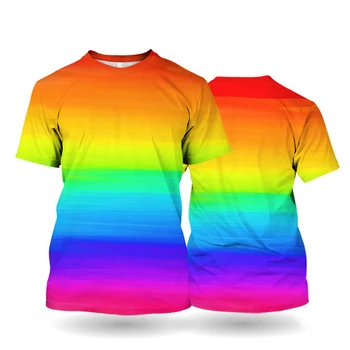 Rainbow T-Shirt Unisex Short Sleeved Top Tees 2024 New Carnival Printed T-Shirts Red And Yellow Pattern Oversized Men's Clothing
