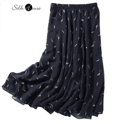 2022 Spring New Silk Non Stitched Double-layer Mulberry Silk Black Ears of Wheat Versatile Literary Women's Fashion Skirt
