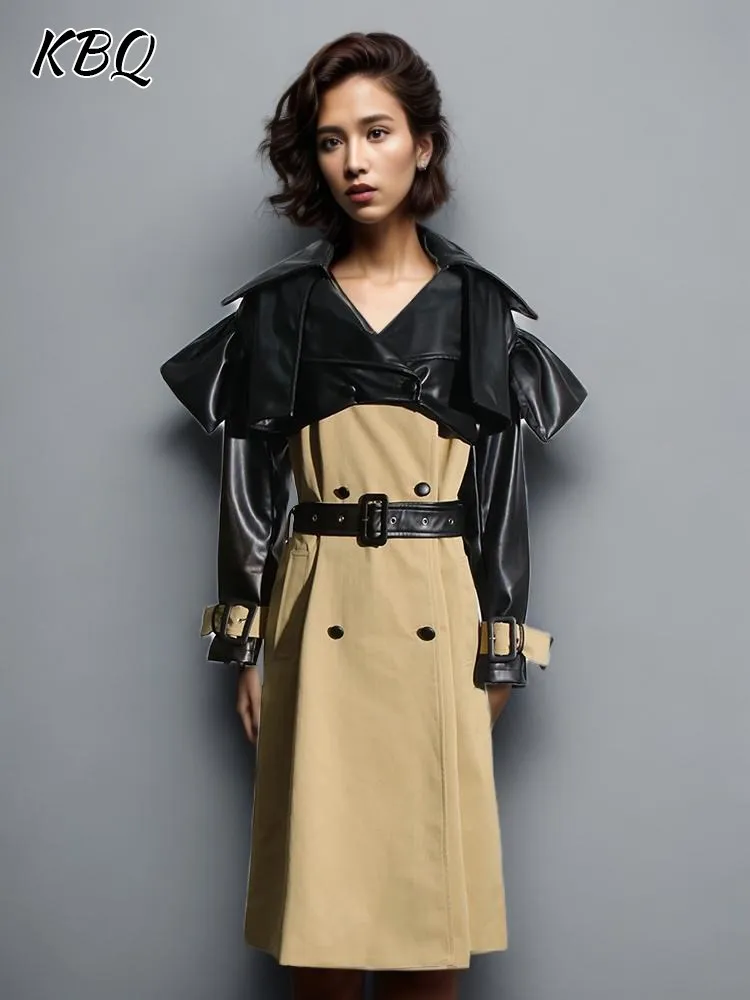 

KBQ Hit Color Patchwork Leather Trench For Women Lapel Long Sleeve Double Breasted Spliced Belt Casual Trenches Female Fashion