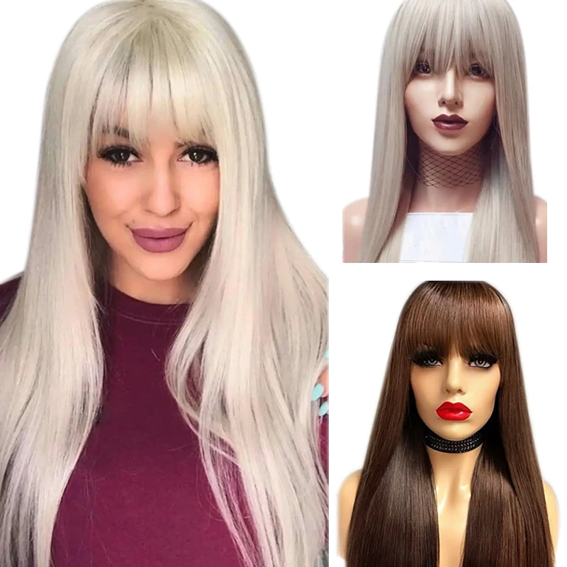 

Straight 30Inch Grey Honey Blonde Color Full Machine Made Synthetic Wigs With Bang Drag Queen Cosplay Women Fiber Heat Resistant
