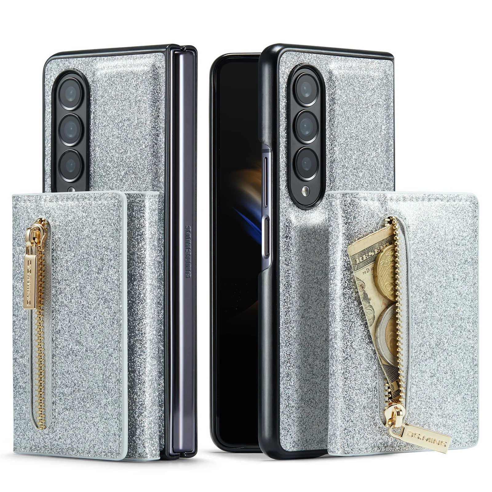 Card Slot Bling Glitter Folding Leather Wallet Case For Samsung Galaxy Z Fold 4 Fold3 Fold 3 Fold4 Zfold4 Drop Protection Cover