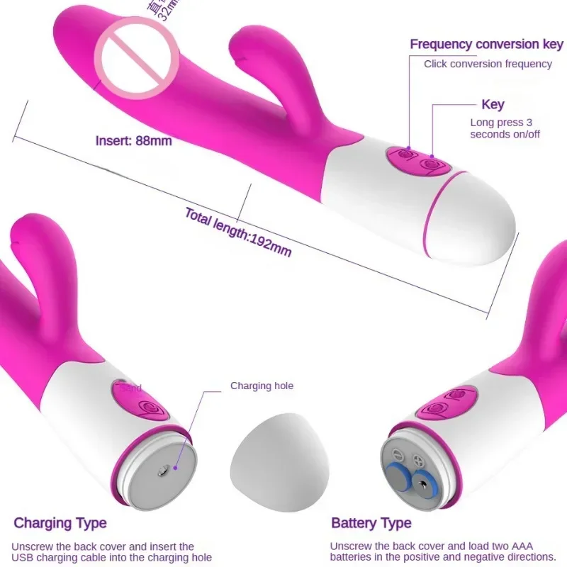 30 Speed Rechargeable Handheld Silicone Adult Clit Clitoral Clitoris Sex Toy G Spot Dual Motor Rabbit Vibrator Women Female