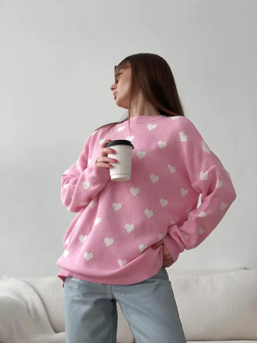Autumn Printed Knitwear Pullover For Women Casual Patchwork Long Sleeve Contrast Loose Top Clothes Female Knit Pullover