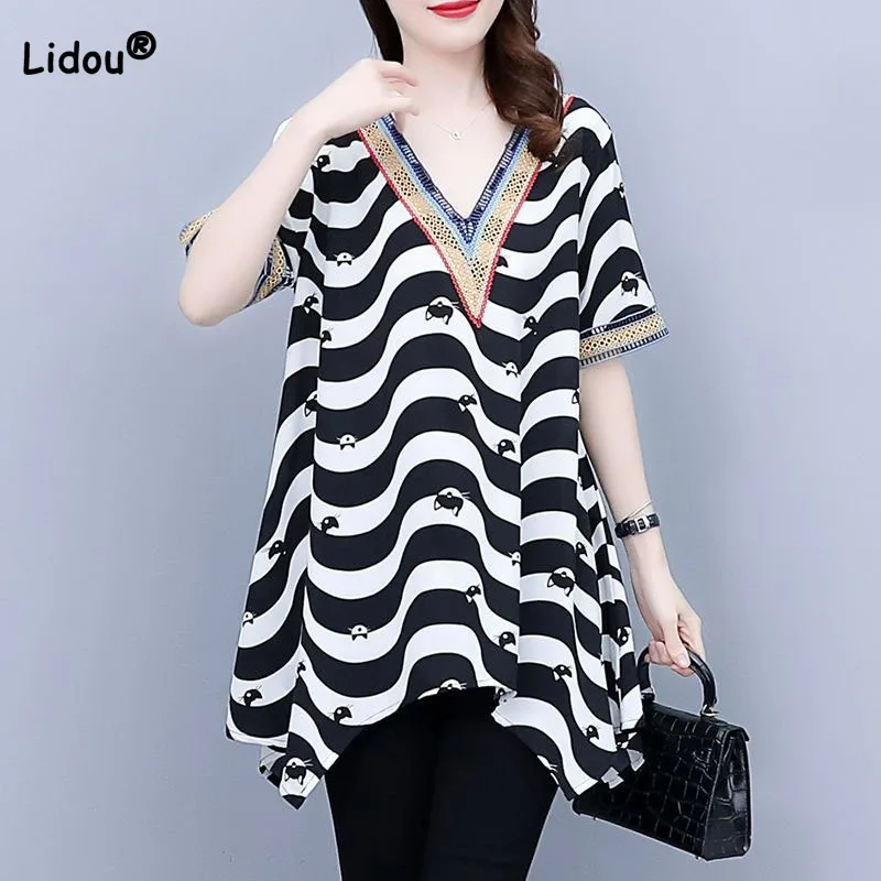 

Women's Clothing Irregular Fashion V-Neck Spliced Midi T-shirt Summer Casual Loose Short Sleeve Thin Printed Tops Pullovers
