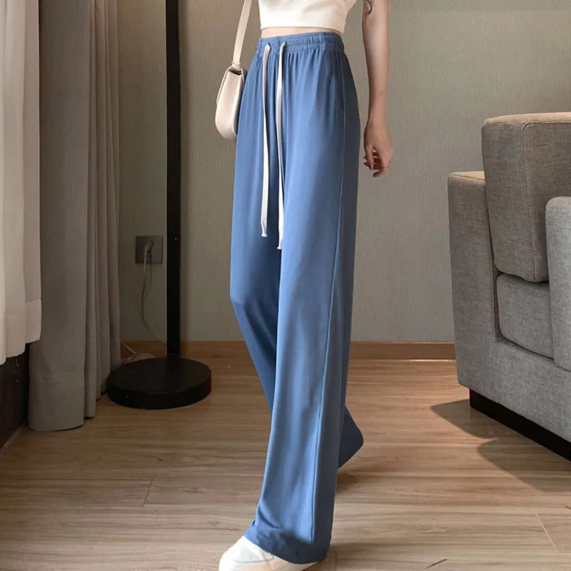 Women Long Pants Spring Summer Straight Long Elastic Waist Wide Leg women long trousers Casual Soft Knitted Pants
