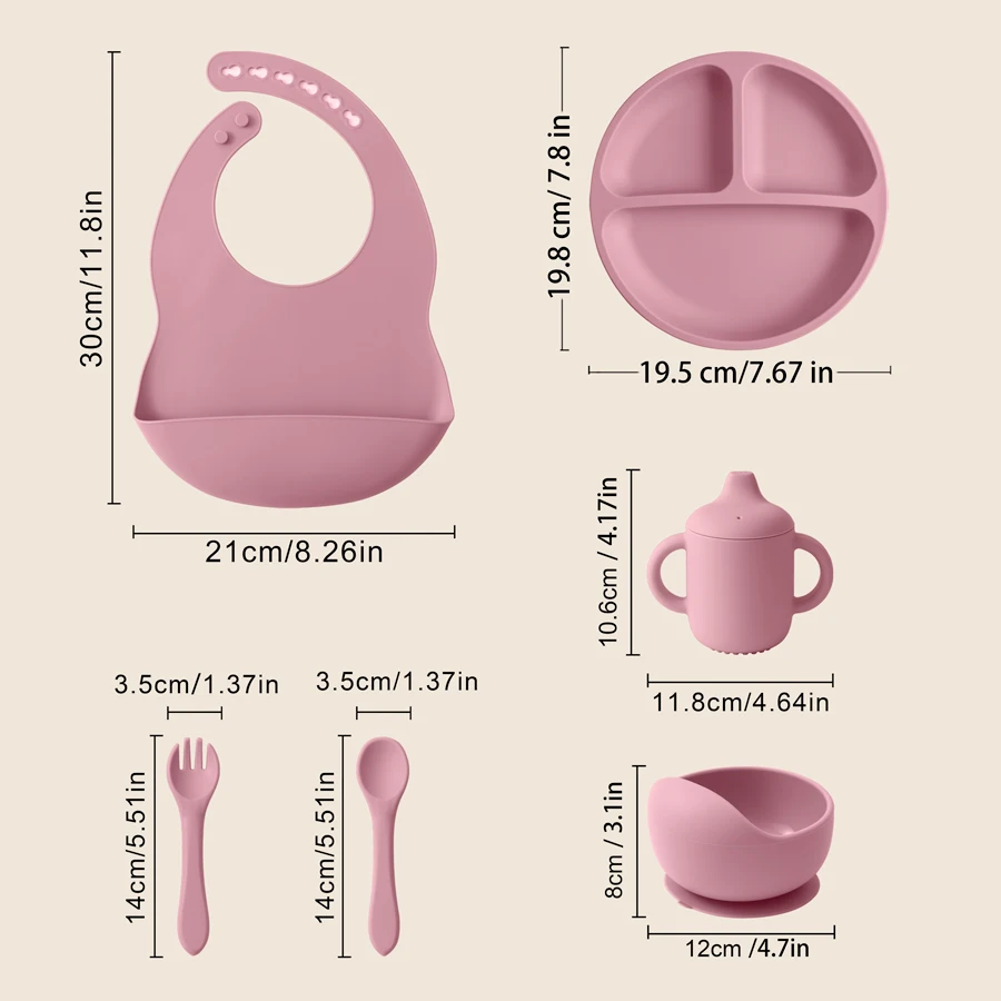 6PCS Silicone Baby Tableware Contrasting Colors Dishes Adjustable Bib Suction Bowl Portable Spoon Fork Leakproof Baby Cup 6