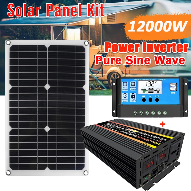 12000W 10000W Peaks Pannello Solare Con Inverter Dc 12V A 220V 110V Sistema Solare Power Travel Van Camper Con Controller 30A